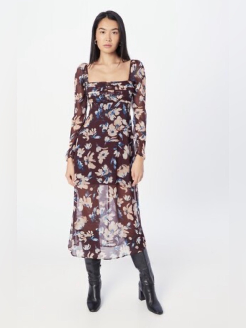Abercrombie & Fitch Emerson Midi Dress Chiffon Long Sleeve Brown Medium Tall